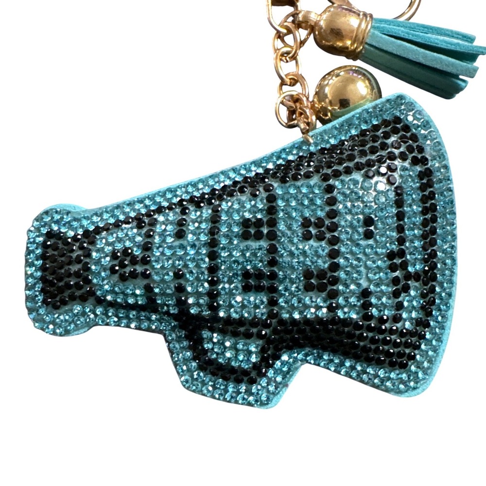 Cheer Megaphone Rhinestone Keychain Teal Black Tassel Gold Tone Bag Charm NEW